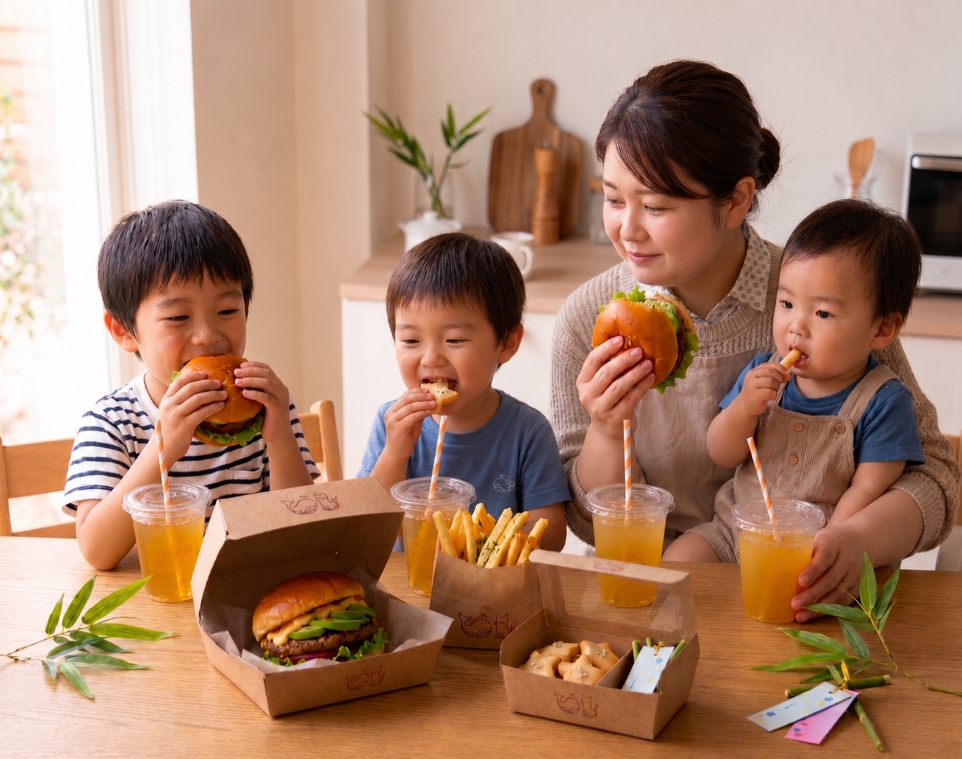 バーガーを囲んで団欒する家族